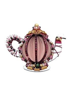 Liztech Vintage Teapot Brooch Pink Ribbed Art Glass Embellished Pin Signed, J577